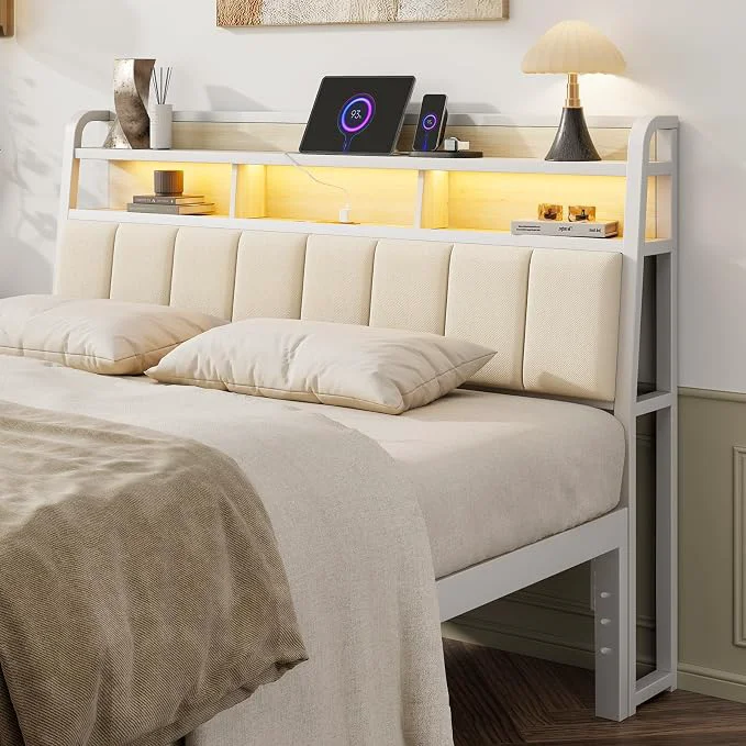 Luxury Queen Headboard Only with Storage Upholstered Headboards for Queen Size Bed with LED Light Charging Station Height Adjustable Sturdy and Stable Headboard Off White Outstanding