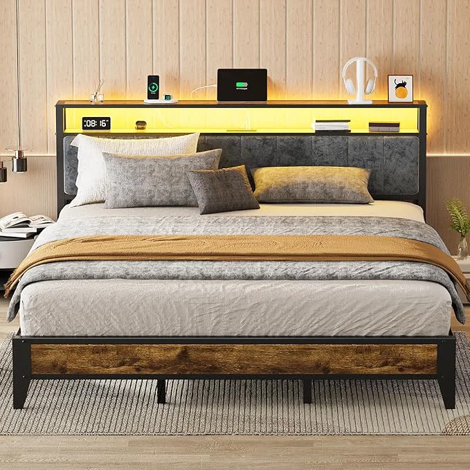 Secure OLE King Bed Frame with Headboard Metal Platform Bed King Size with 2-Tier Storage LED Light amp Charging Station Type C No Box Spring Needed Easy Assembly Official