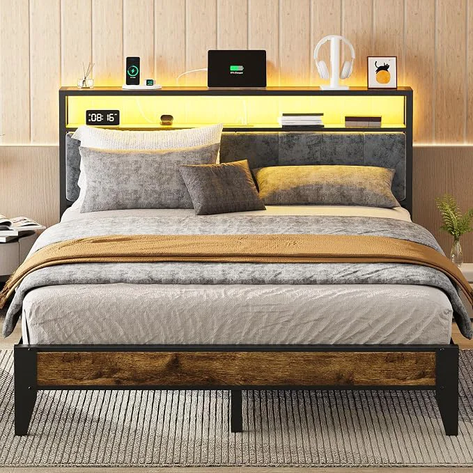 Effective OLE Queen Size Bed Frame with Charging Station amp LED Light 2-Tier Storage Headboard amp Footboard Noise- Metal Platform Bed No Box Spring Needed Easy Assembly Excellent