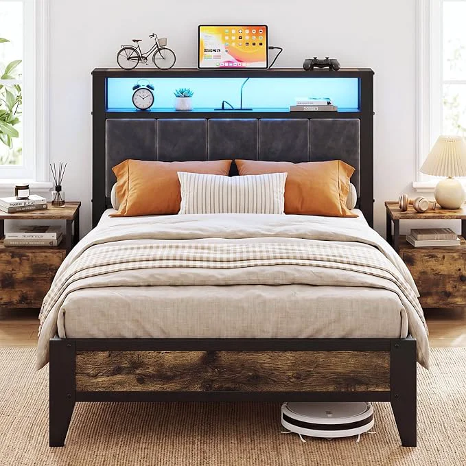 Comfortable OLE Twin Bed Frame with LED Light Storage Headboard and Charging Station Type C Metal Platform Bed Twin Size No Box Spring Needed Noise Easy Assembly Pure