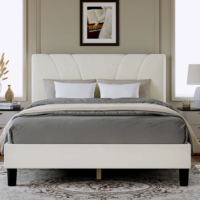 Outstanding Novilla King Bed Frame and Headboard King Bed Frame Velvet Upholstered Bed Frames No Box Spring Needed Heavy Duty Feet Easy Assembly White Velvet Fine Crafted