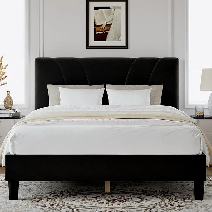 Natural Novilla Full Size Bed Frame with Headboard Full Bed Frame with Wooden Slats Support Velvet Upholstered Headboard No Box Spring Needed Heavy Duty Feet Easy Assembly Black Velvet Flexible