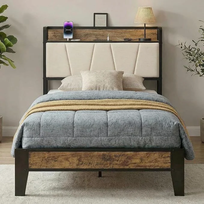 Prestigious LIKIMIO Twin Bed Frames with Storage Headboard amp Charging Station Upholstered Headboard Storage Shelf Solid and Stable Noise No Box Spring Needed Easy Assembly Walnut and Beige Quality