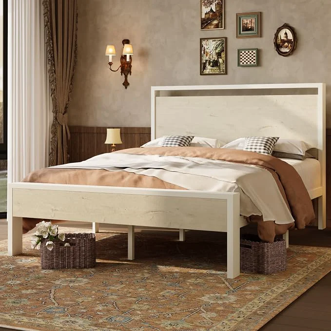 Elegant SHA CERLIN 14 Inch Full Metal Platform Bed Frame with Wooden Headboard and Footboard No Box Spring Needed Large Under Bed Storage Heavy Duty Slats Support White Washed Oak Responsible