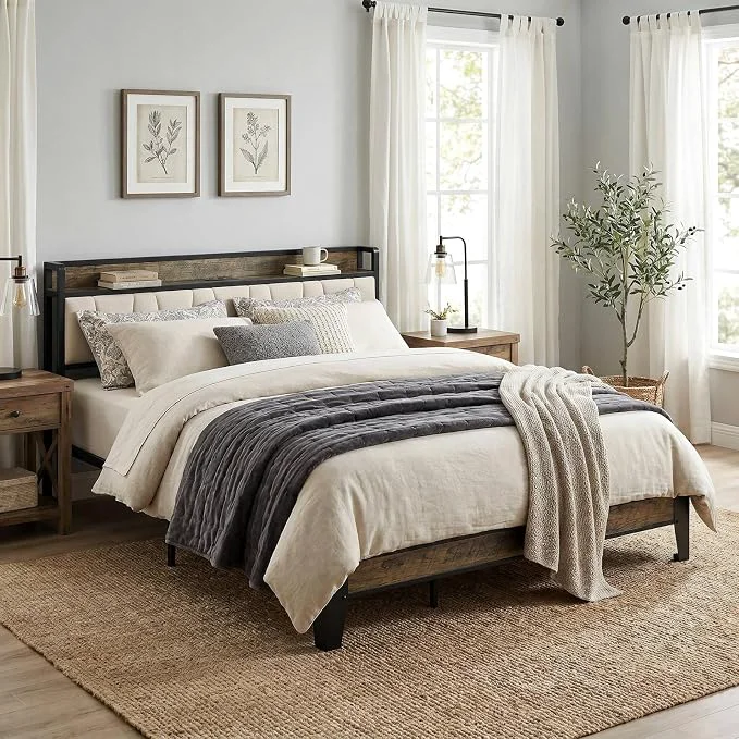Durable LIKIMIO California King Bed Frame Storage Headboard with Charging Station Solid and Stable Noise No Box Spring Needed Easy Assembly Walnut and Beige Comfortable