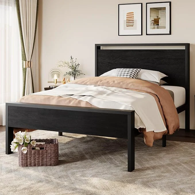 Verified SHA CERLIN 14 Inch Twin Size Metal Platform Bed Frame with Wooden Headboard and Footboard Mattress Foundation No Box Spring Needed Large Under Bed Storage Heavy Duty Slats Support Black Oak Safe