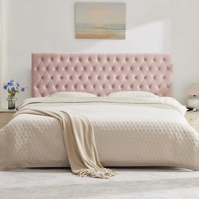 Recyclable Upholstered Queen Headboard Only Premium Velvet Button Tufted Headboards Adjustable Solid Wood Head Board Padded Headboard with Solid Wood Legs in Bedroom Pink Genuine