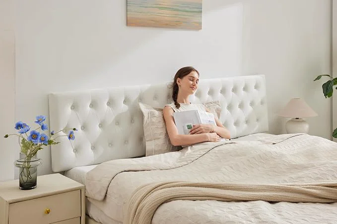 Lightweight Tufted Upholstered Queen Size Bed Headboard in Modern Button Design Adjustable Solid Wood Head Board Premium Velvet Fabric Padded Headboards in Bedroom White Prestigious