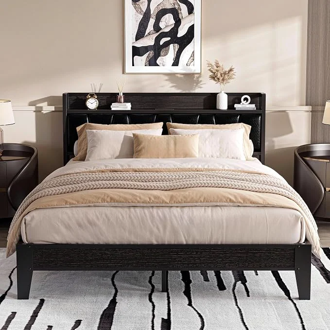 Effective LIKIMIO Queen Bed Frames PU Leather Storage Headboard with Charging Station Solid and Stable Noise No Box Spring Needed Easy Assembly Black Sustainable