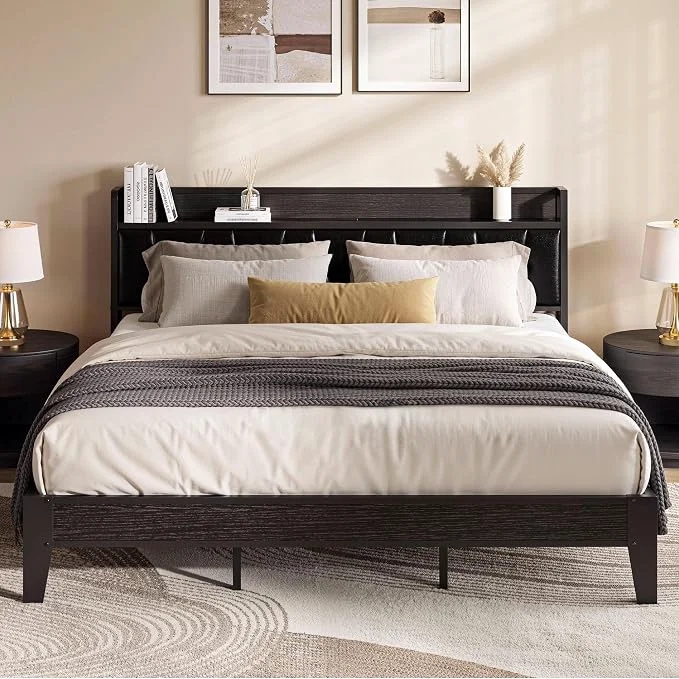 Luxury LIKIMIO California King Bed Frame PU Leather Storage Headboard with Charging Station Solid and Stable Noise No Box Spring Needed Easy Assembly Black Effective