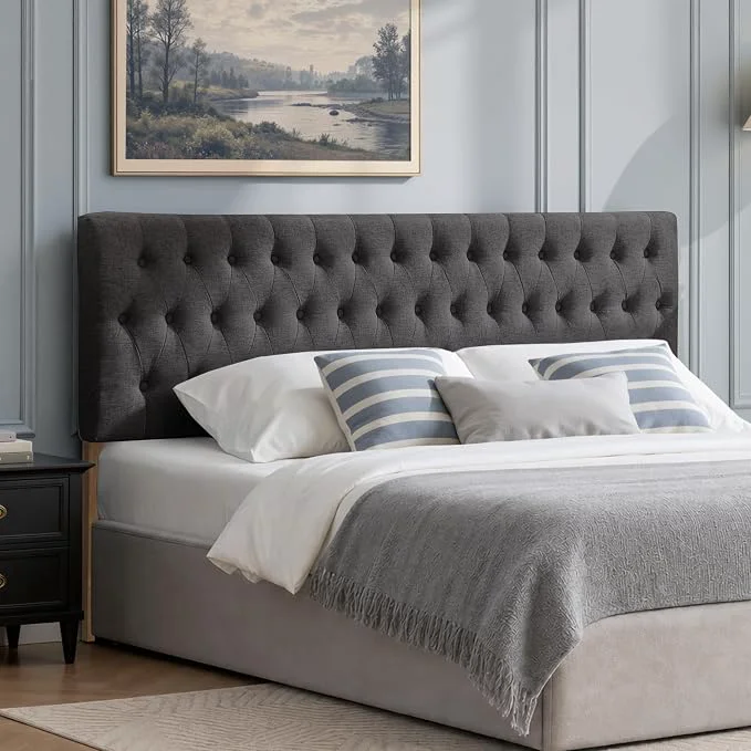 Natural Tufted Upholstered Full Size Bed Headboard in Modern Button Design Adjustable Solid Wood Head Board Premium Linen Fabric Padded Headboards in Bedroom Dark Grey Consistent
