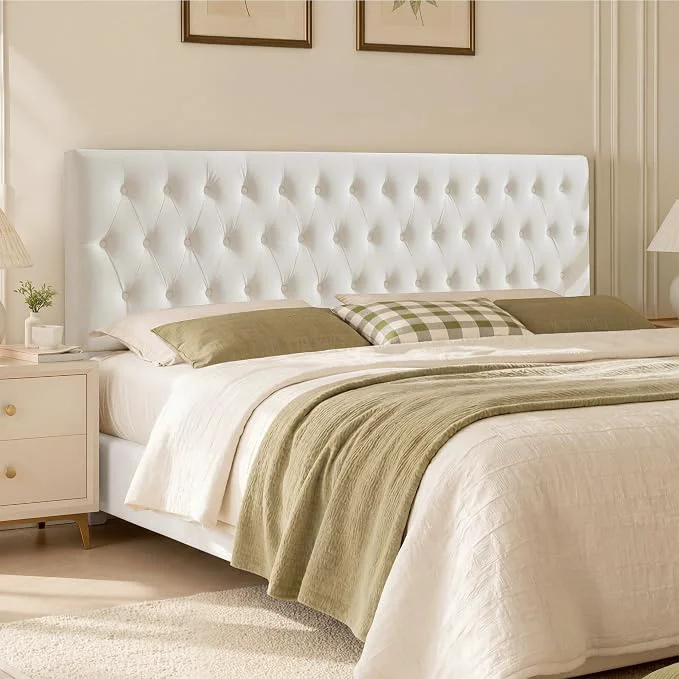 Luxury Tufted Upholstered King Size Bed Headboard in Modern Button Design Adjustable Solid Wood Head Board Premium Velvet Fabric Padded Headboards in Bedroom White Easy-to-Use