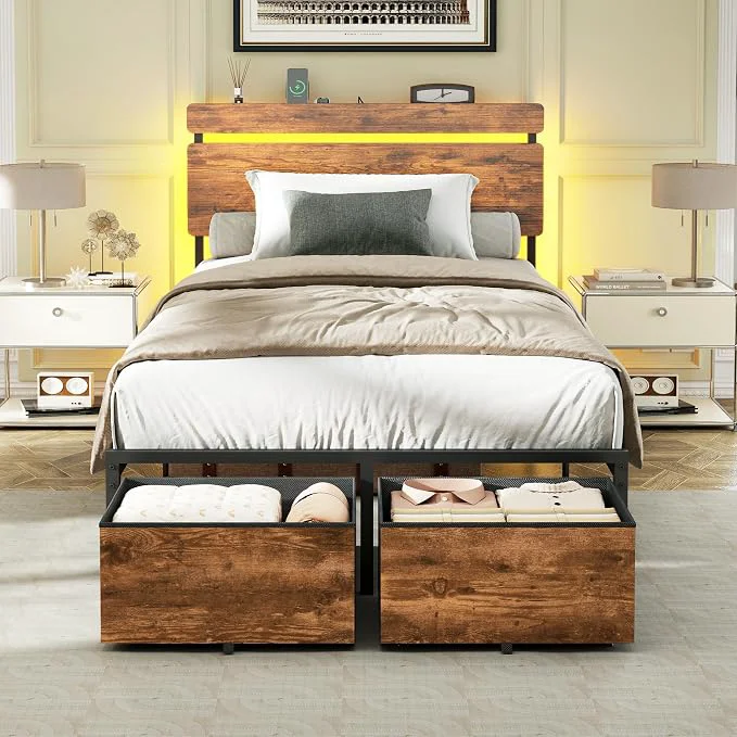 Consistent Forestell Twin Bed Frame with Wood Headboard 2 Storage Drawers amp Shelf Built-in Charging Station amp LED Lights Metal Support No Box Spring Needed noise- easy assembly Smart RGB USB Type-C Artisan
