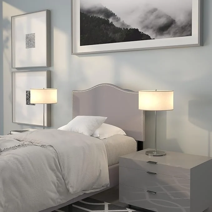 Powerful EMMA OLIVER Upholstered Twin Size Headboard with Nailtrim in Light Gray Fabric Minimalist