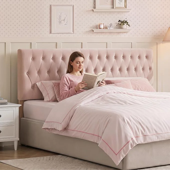 Official Tufted Upholstered King Size Bed Headboard in Modern Button Design Adjustable Solid Wood Head Board Premium Velvet Fabric Padded Headboards in Bedroom Pink Fine Crafted