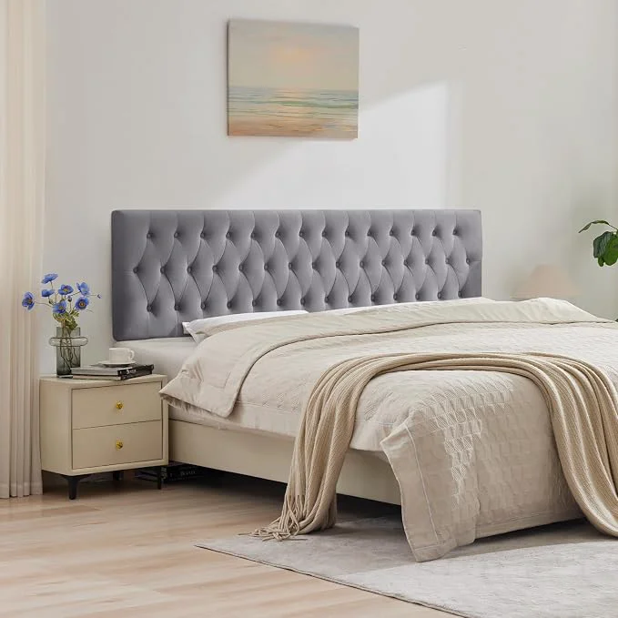 Durable Tufted Upholstered Queen Size Bed Headboard in Modern Button Design Adjustable Solid Wood Head Board Premium Velvet Fabric Padded Headboards in Bedroom Gray Queen Lightweight