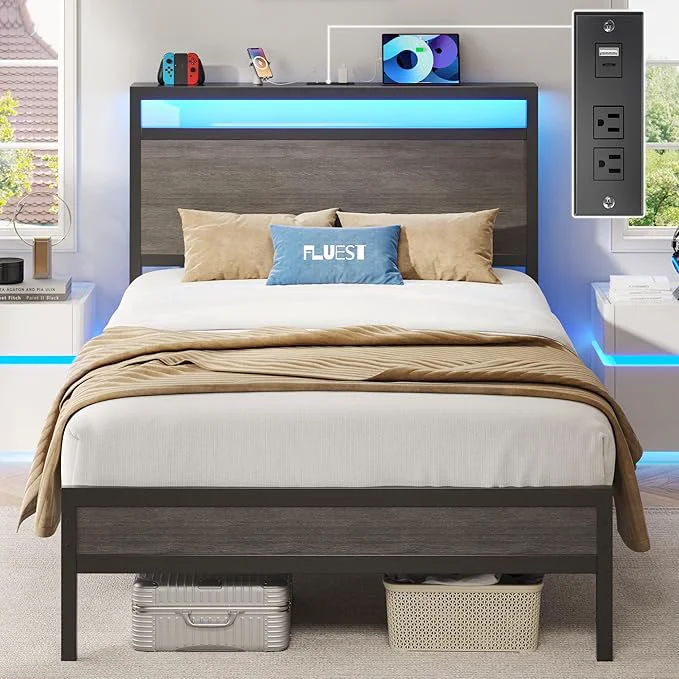 Eco-Friendly Fluest Twin Bed Frame with Headboard amp Footboard Twin Bed Frame with Charging Station amp LED Light Under-Bed-Storage No Box Spring Needed Noise Easy Assembly Rustic Grey Crafted