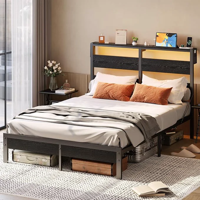 Classic ier Queen Size Bed Frame with Headboard and Charging Station Black Queen Bed Frame with LED Light Non-Slip Platform Bed Frame Queen Size Noise- Easy Assembly Black Verified