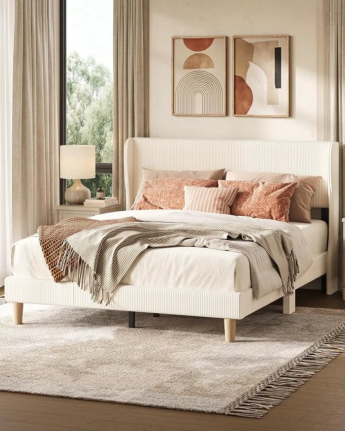 Consistent ier Queen Bed Frame with Wingback Headboard Upholstered Beige Easy Assembly Wingback Headboard No Squeaks Vertical Channel Corduroy Upholstered Wooden Slats Support No Box Spring Needed Expertly Made