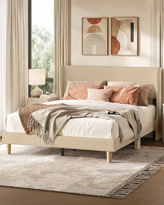 Trendy ier Queen Bed Frame with Wingback Headboard Upholstered Taque Wingback Headboard Easy Assembly No Squeaks Vertical Channel Corduroy Upholstered Wooden Slats Support No Box Spring Needed Functional