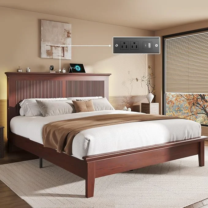 Clean Lifezone Queen Bed Frame with Headboard Solid Wood Bed Frame Queen Size with Charging Station amp RGB LED Wood Slats Support Noise- Sturdy Structure Easy Assembly Mahogany Easy-to-Use