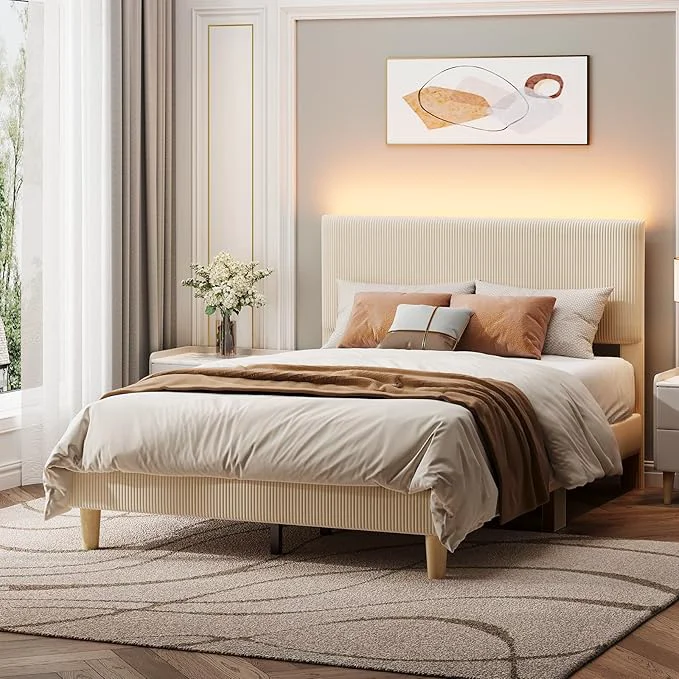 Pure ier Full Bed Frame with Adjustable Headboard LED Light Beige LED Lighting Headboard Easy Assembly No Squeaks Vertical Channel Corduroy Upholstered Wood Slats Support No Box Spring Needed Practical