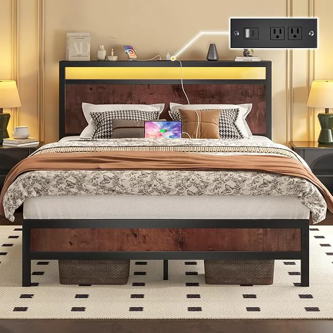Solid Fluest Full Bed Frame with Headboard amp Footboard Full Bed Frame with Built-in Charging Station amp LED Light Storage Shelf Noise- No Box Spring Needed Easy Assembly Coffee Brown Recyclable