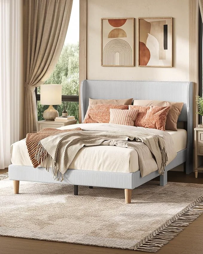 Original ier Full Bed Frame with Wingback Headboard Upholstered Light Grey Vertical Channel Corduroy Upholstered Easy Assembly Wingback Headboard No Squeaks Wooden Slats Support No Box Spring Needed High-Grade