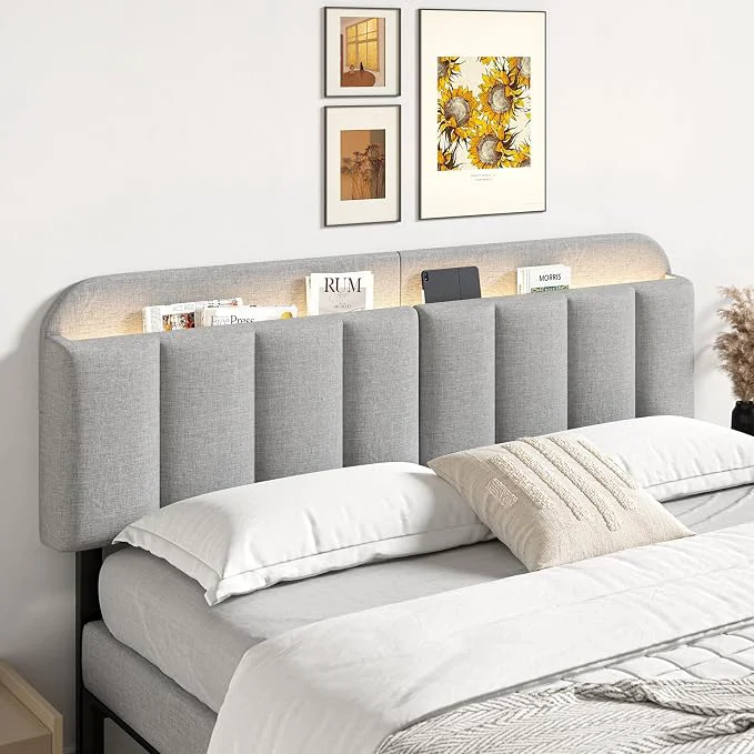 Dependable Adjustable Headboard for King California King Size Bed Frame Linen Fabric Bed Headboard with Storage amp RGB LED Light in Modern Vertical Channel Design Light Grey Luxury
