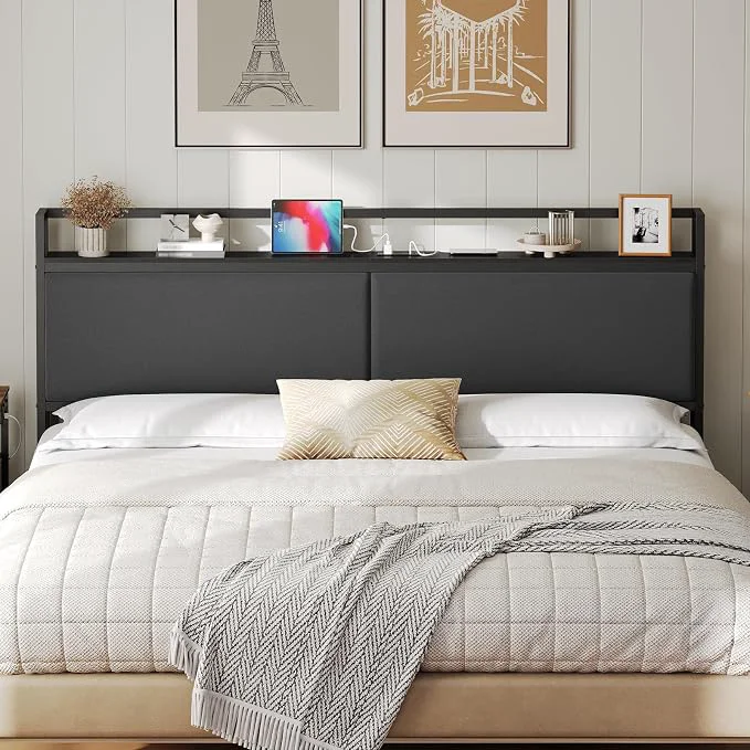 Functional King Size Headboard Only with Storage Shelves Upholstered Headboard with Charging Station Height Adjustable Sturdy and Stable Vintage Style Black Premium