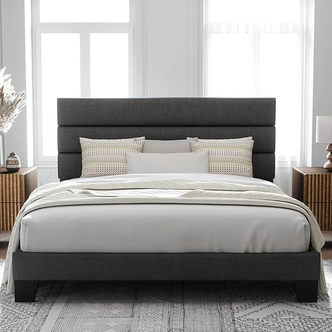 Versatile Allewie King Size Platform Bed Frame with Fabric Upholstered Headboard Gray Wooden Slats Support Fully Upholstered Mattress Foundation No Box Spring Needed Easy Assembly Noise- Dark Grey Original Design