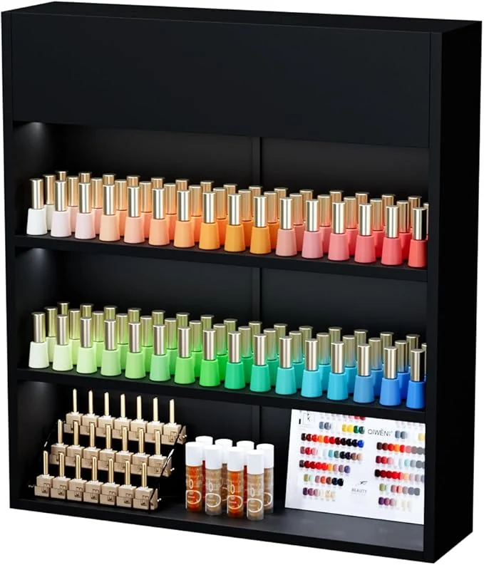 Green OmySalon Wall Mounted Display Rack 32-Inch 3-Tier LED Nail Polish Organizer Contemporary