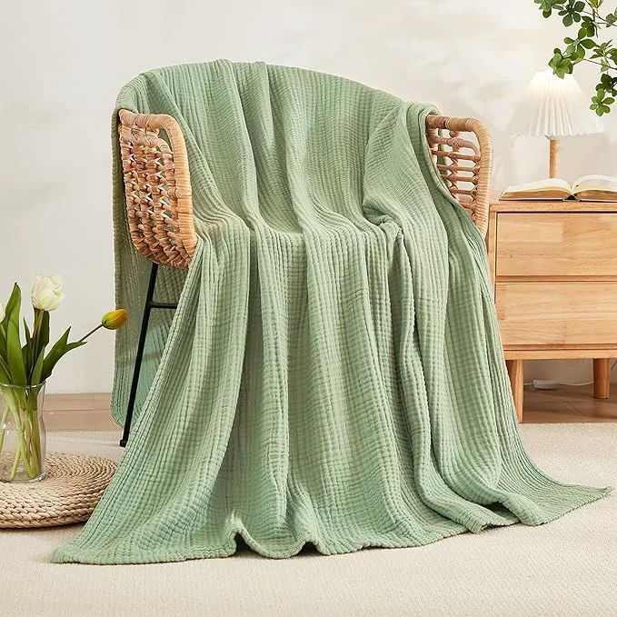 Certified EMME Cotton Twin Blanket for Couch Soft Airy Muslin Bed Blankets Lightweight Breathable Blanket All Season Gauze Blanket Sage Green Eco-Friendly