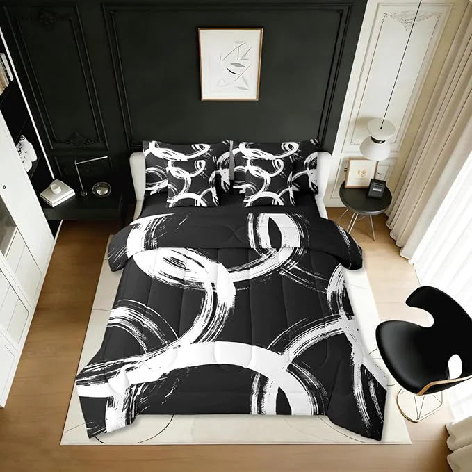 Official Erosebridal White and Black 7 Pcs Comforter Set King Abstract Line Minimalist Ink Painting Bedding Set for Kids Boys Girls Simple Graffiti Art Modern Geometric Sheet Set Boho Cool Unique Mens Quilt Responsible