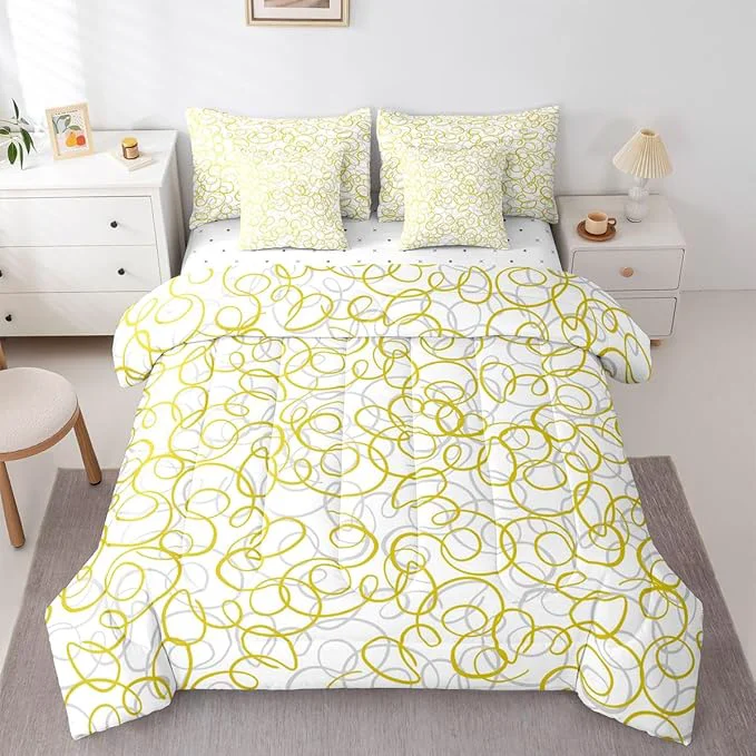 Luxury Erosebridal Geometric 7 Piece Comforter Set Twin Bed in A Bag Yellow White Abstract Lines Bedding Set for Boys Girls Bedroom Modern Abstract Texture Quilt Contemporary Swirls Aesthetic Sheet Set Premium