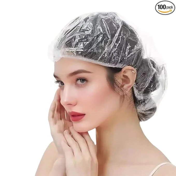 Trendy 100PCS Disposable Shower Caps Plastic Clear Hair Cap Large Thick Waterproof Pure