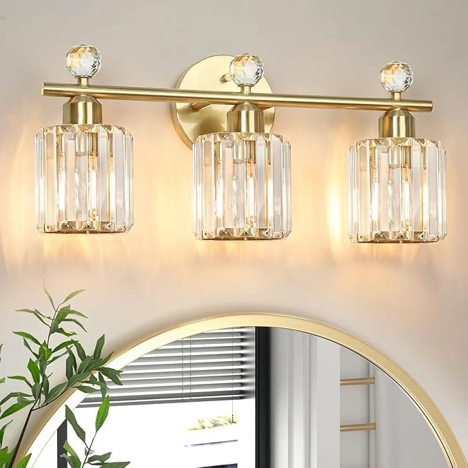 Stylish 3-Light Gold Bathroom Light Fixtures Modern K9 Crystal Vanity Lights Wall Sconce Unique