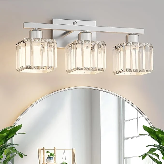 Next-Generation comzler 3-Light Bathroom Light Fixtures Over Mirror Brushed Nickel Crystal Fast