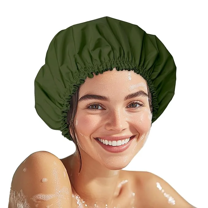 Trendy Shower Cap for Women Double Layer Waterproof Bath Cap Reusable Hair Protector Traditional