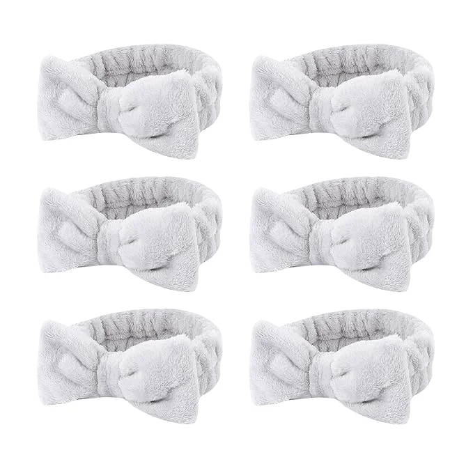 Durable Casoty 6 Pcs Grey Spa Headband Bow Hair Band Soft Coral Fleece Makeup Headband Detailed