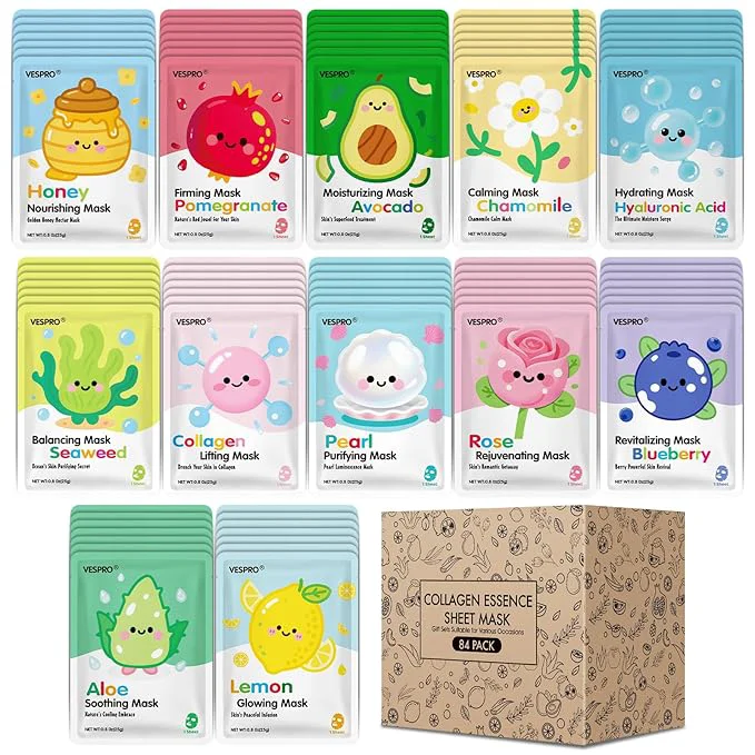 Excellent 84 Pack Bulk Sheet Face Masks Skin Care Hydrating and Moisturizing Collagen World-Class
