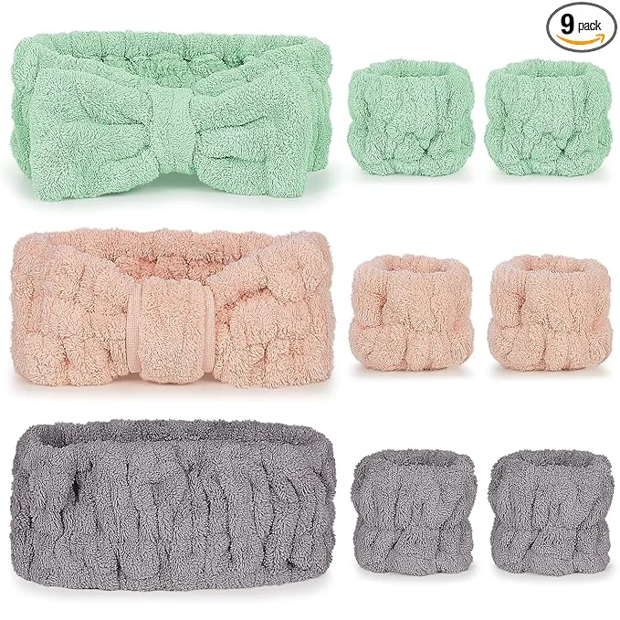 High-End DiyJibb 9 Pcs Spa Headband for Washing Face Skincare Headband and Wristband Set Original