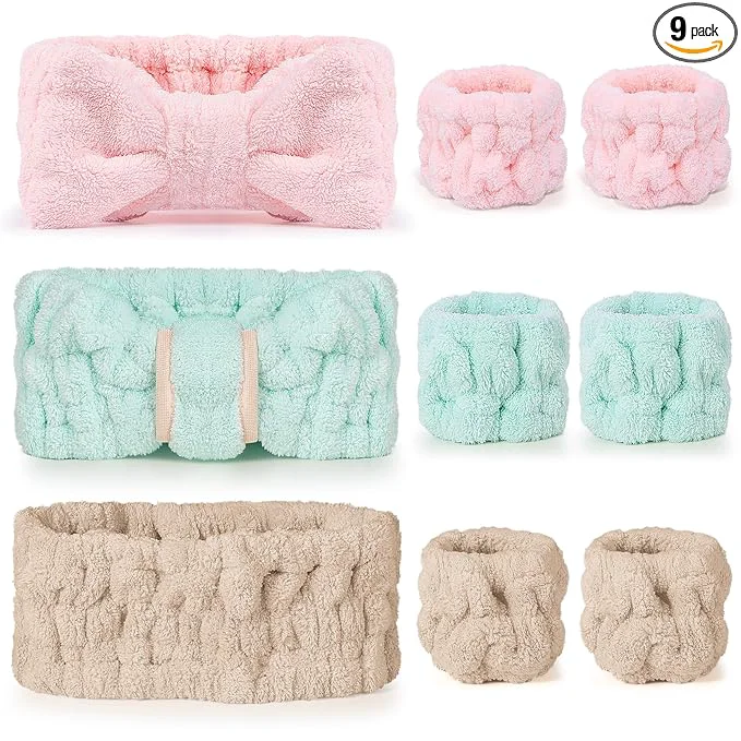 Reusable DiyJibb 9 Pcs Spa Headband for Washing Face Skincare Headband and Wristband Set Elite