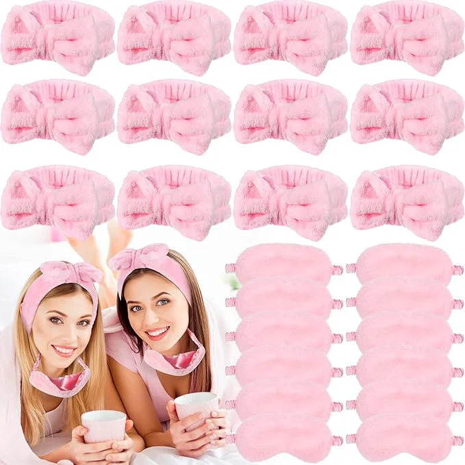 Recyclable Jexine 24 Pcs Spa Slumber Party Headband Plush Sleep Eye Mask Bulk Bow Hair Functional
