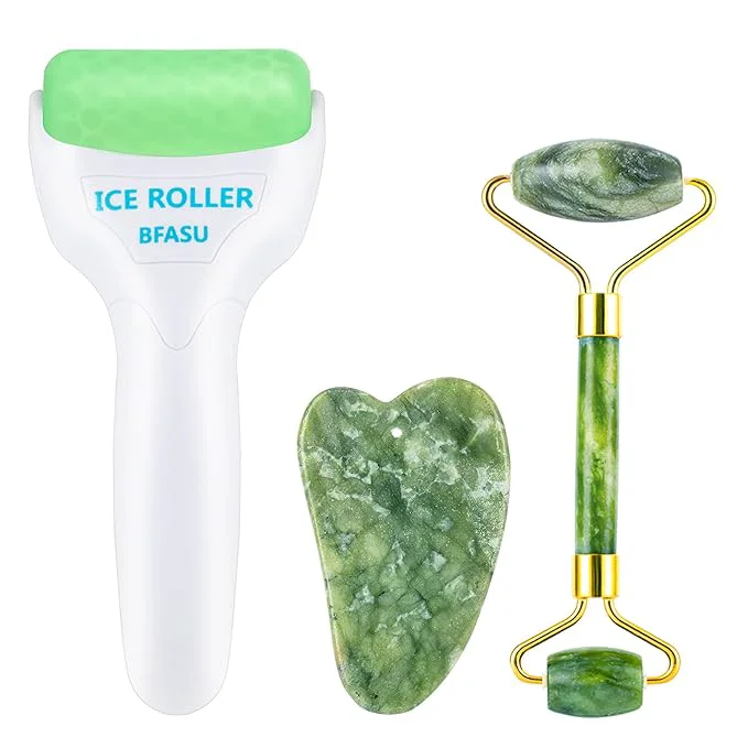 Green Facial Roller Set of 3 Ice Roller Two-Sided Jade Roller and Gua Sha Massage Natural