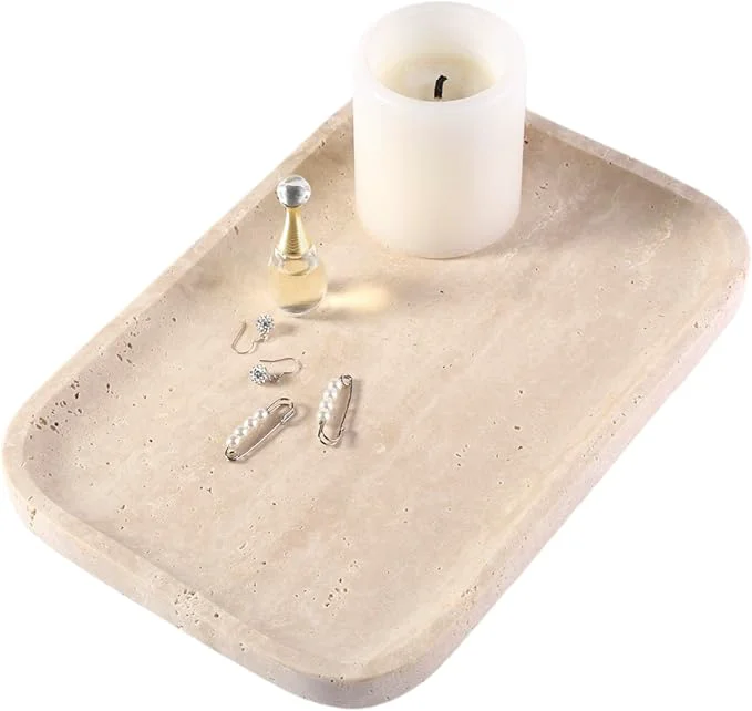 High-Grade Marble Vanity Tray for Dresser Organizer Travertine Bathroom Tray Countertop Luxury