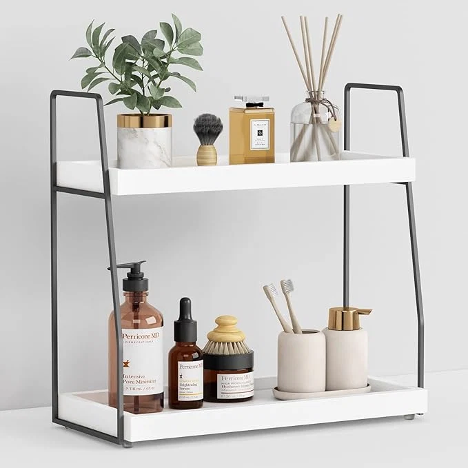 Detailed Forbena 2 Tier Bathroom Counter Organizer Wood Shelf Tray Natural