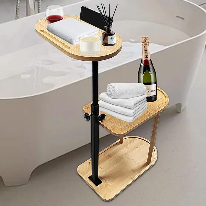 Classic 3 Layer Bath Tub Tray Table Liftable standing Bamboo Bath Tray Caddy Clean