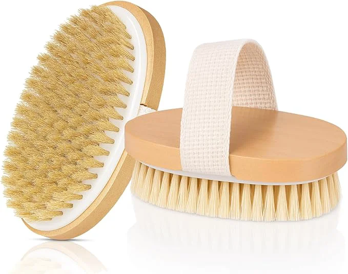 Healthy OPAZ 2-Pack Dry Body Brush – Natural Boar Bristles Ergonomic Cotton Strap – Excellent