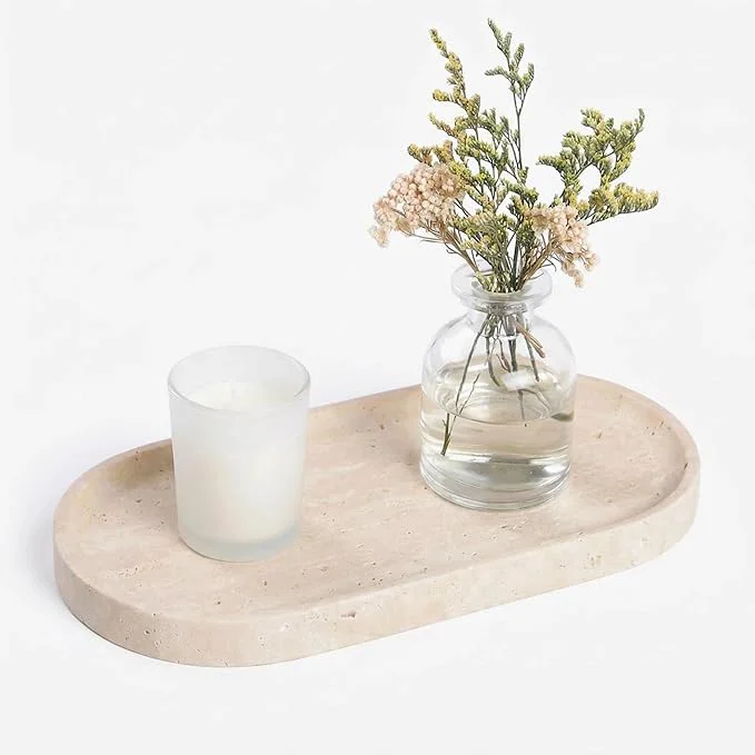 High-End Beige Travertine Vanity Tray Natural Stone Bathroom Organizer Perfume Traditional